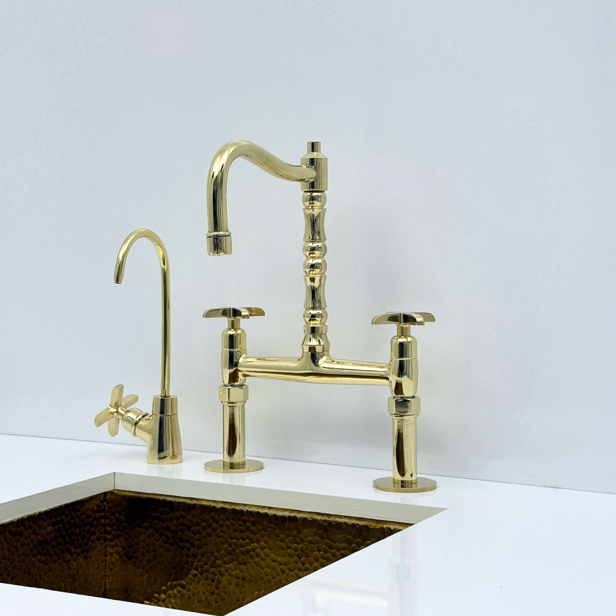 Unlacquered Brass Bridge Kitchen Faucet with Sprayer and Drinking Water Tap
