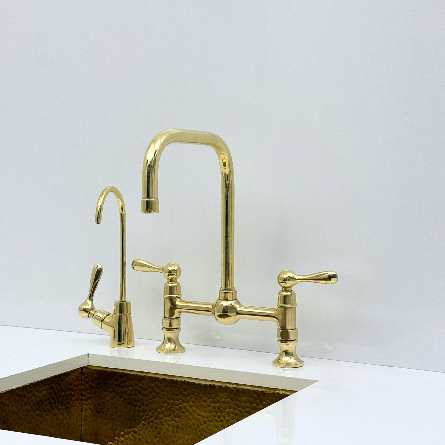 Unlacquered Brass Bridge Kitchen Faucet with Sprayer and Drinking Water Tap - UBLBF017