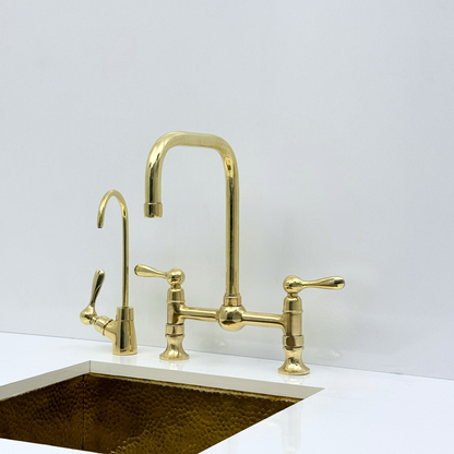 Unlacquered Brass Bridge Kitchen Faucet with Sprayer and Drinking Water Tap - UBLBF017