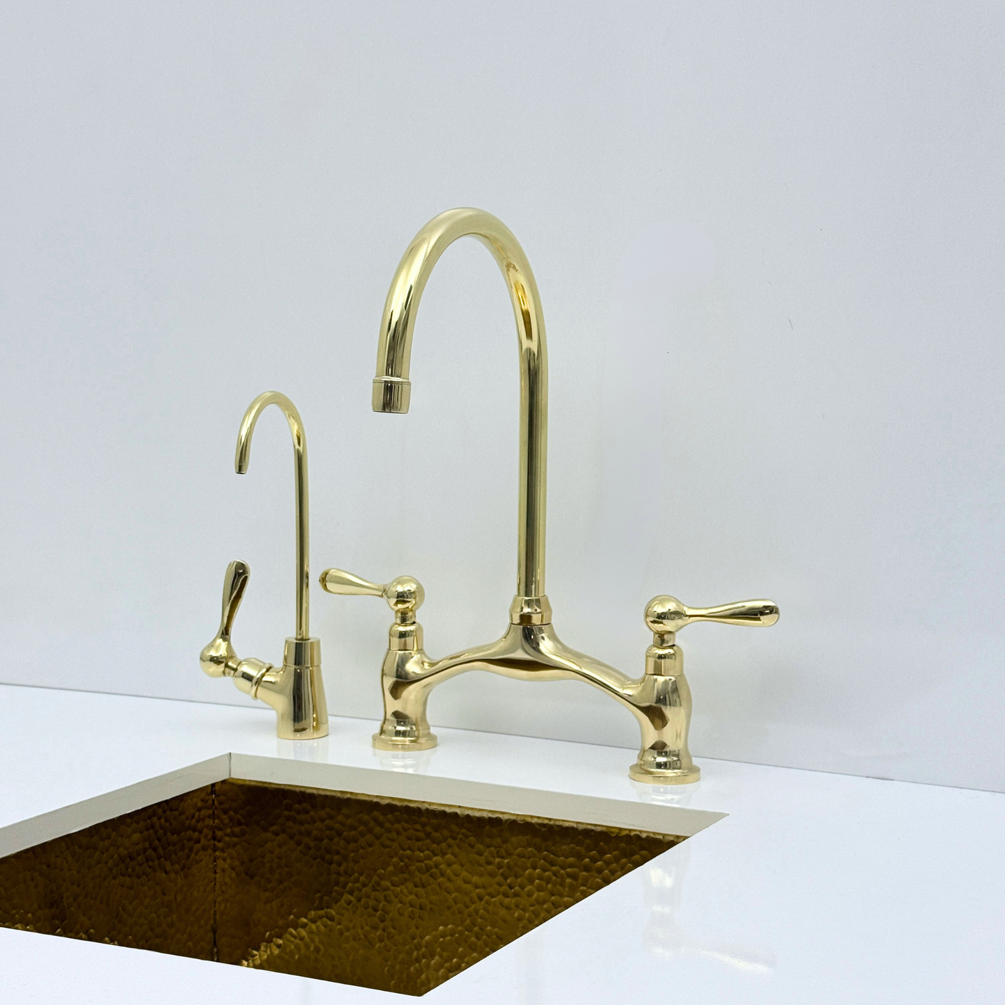 Unlacquered Brass Bridge Kitchen Faucet with Sprayer and Drinking Water Tap - UBLBF020