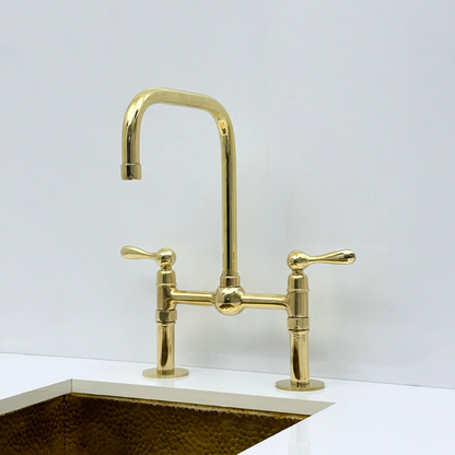 Unlacquered Brass Bridge Kitchen Faucet with Sprayer and Drinking Water Tap - UBLBF018