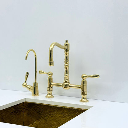 Unlacquered Brass Bridge Kitchen Faucet with Sprayer and Drinking Water Tap - UBLBF012