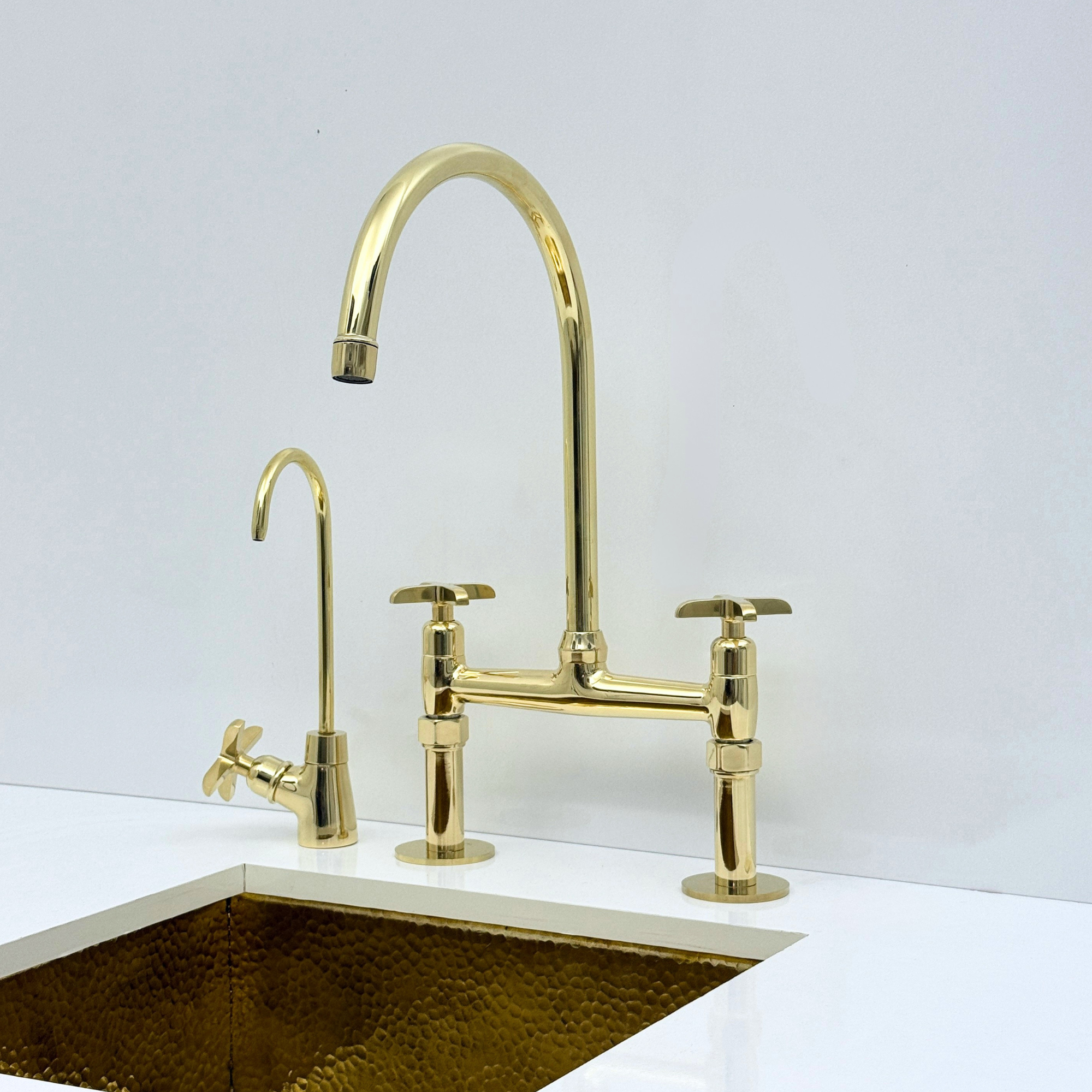 Atlas - Unlacquered Brass Bridge Kitchen Faucet with Side Sprayer and Drinking Water Tap