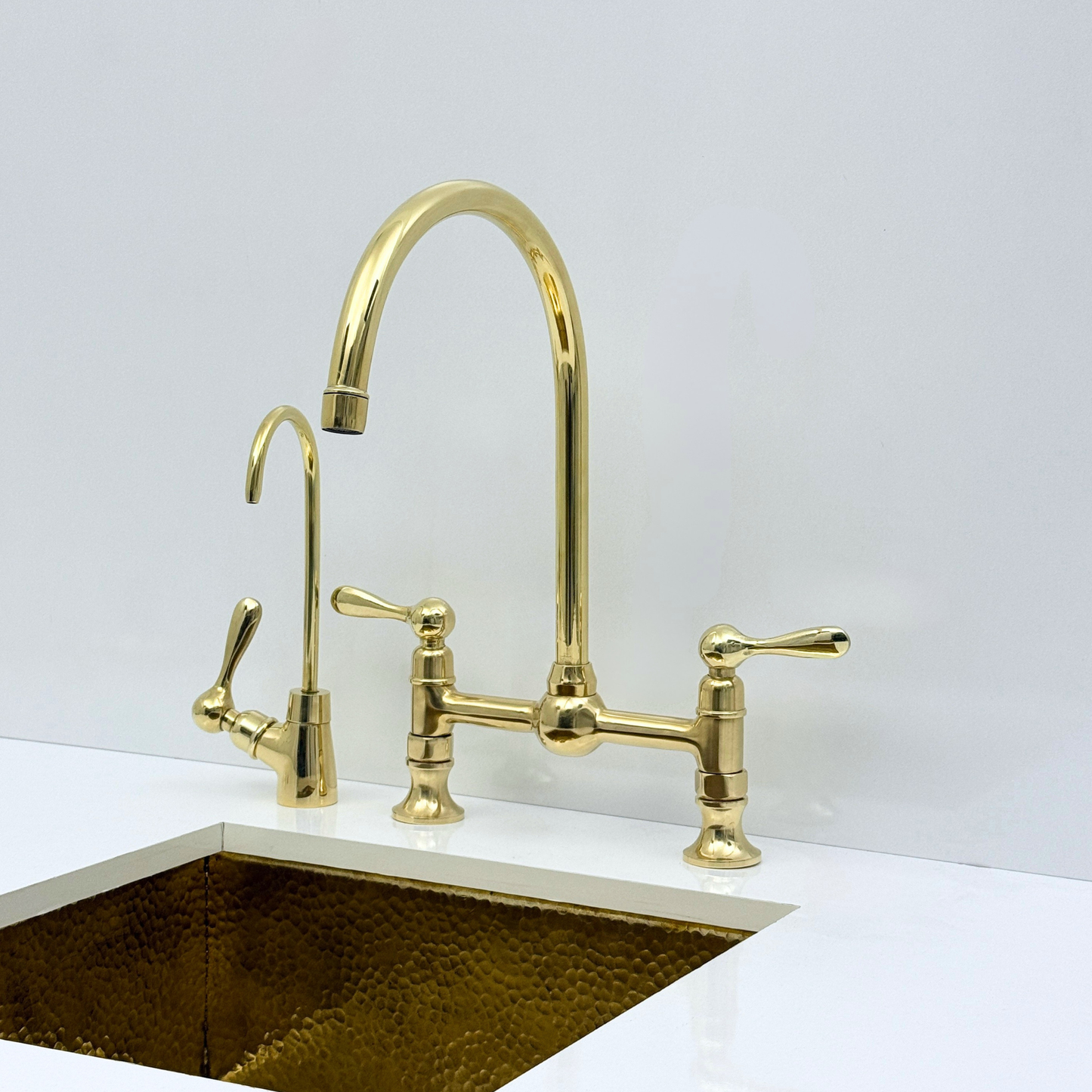 Unlacquered Brass Bridge Kitchen Faucet with Sprayer and Drinking Water Tap - UBLBF011