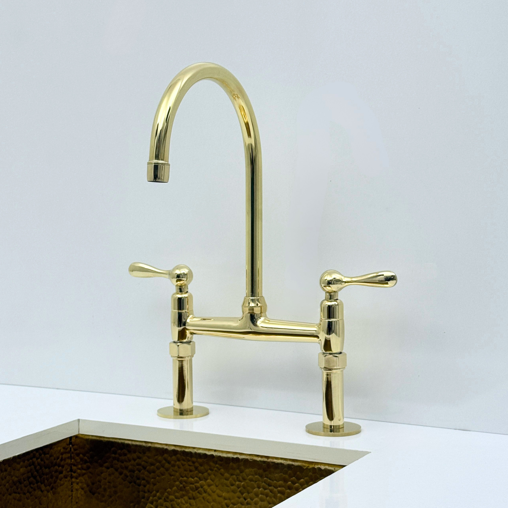 Unlacquered Brass Bridge Kitchen Faucet with Sprayer and Drinking Water Faucet