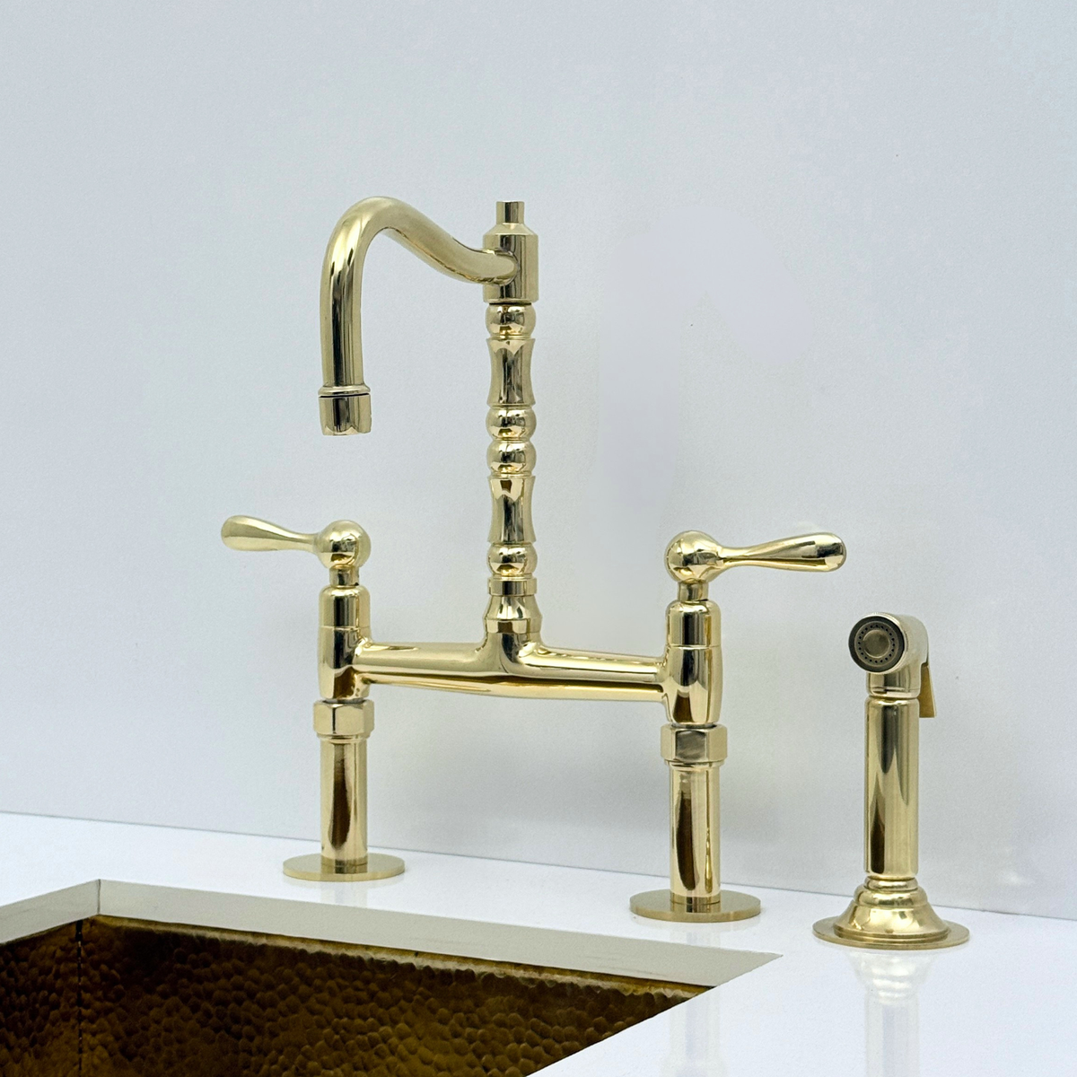 Unlacquered Brass Bridge Kitchen Faucet with Sprayer and Drinking Water Tap