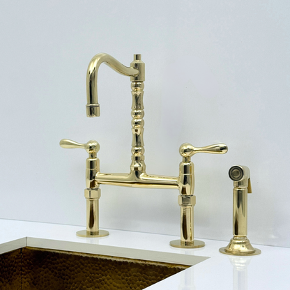 Unlacquered Brass Bridge Kitchen Faucet with Sprayer and Drinking Water Tap