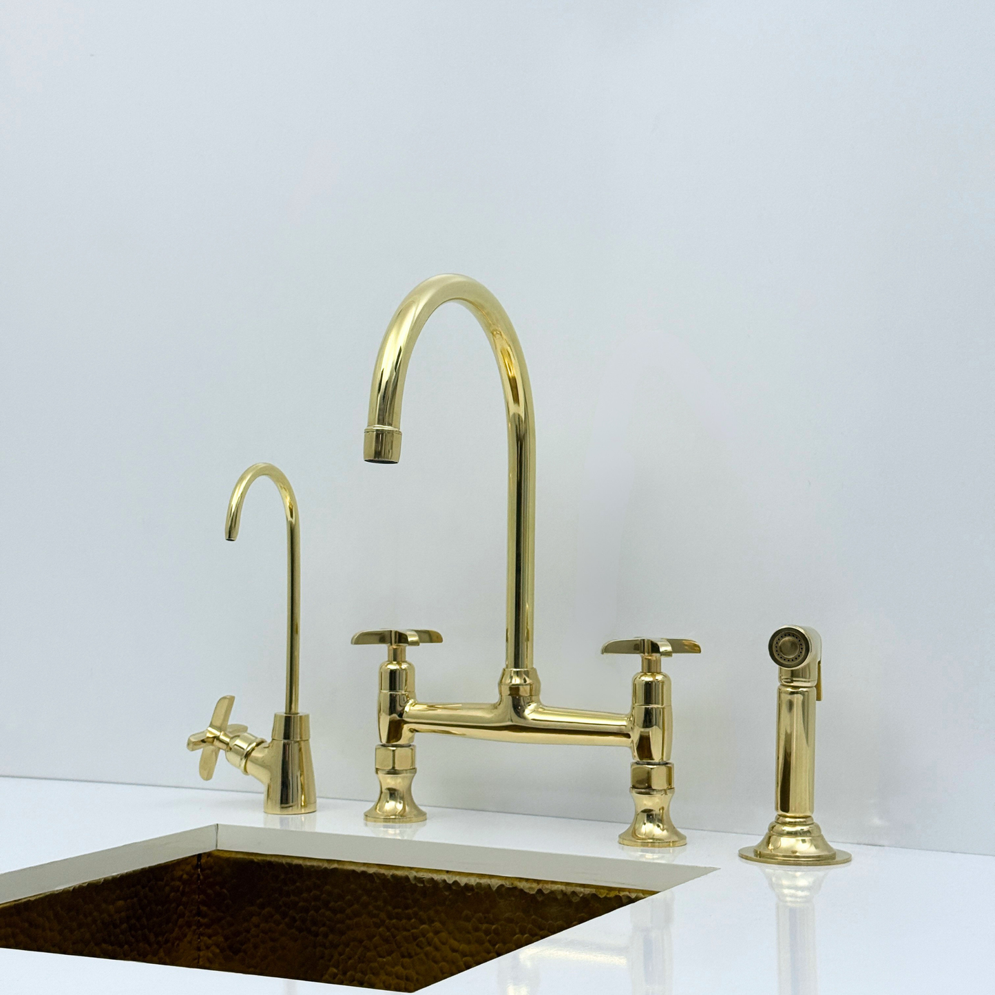 Unlacquered Brass Bridge Kitchen Faucet with Sprayer and Drinking Water Tap - UBCBF014