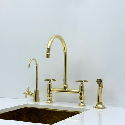 Unlacquered Brass Bridge Kitchen Faucet with Sprayer and Drinking Water Tap - UBCBF014