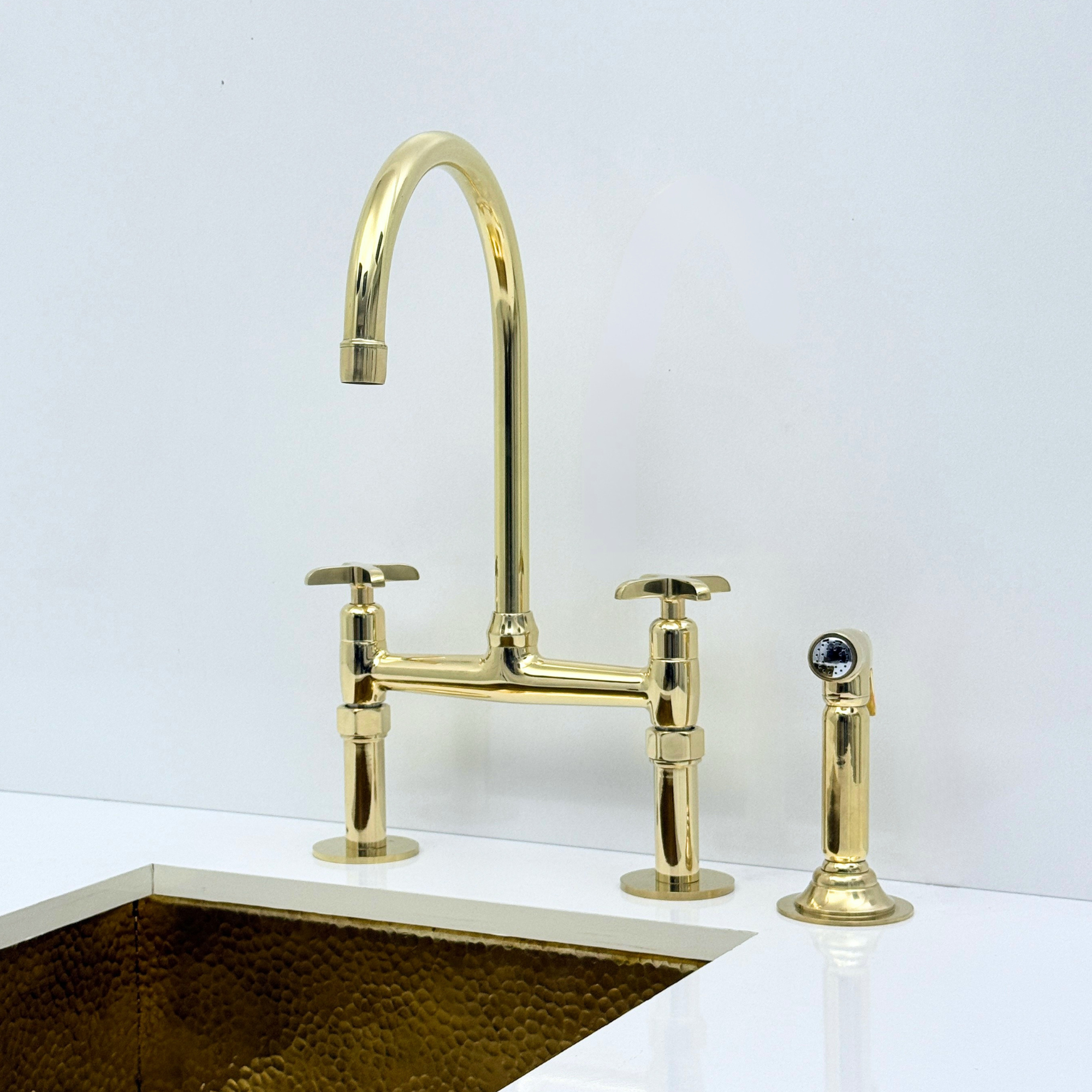 Unlacquered Brass Bridge Kitchen Faucet with Sprayer and Drinking Water Tap