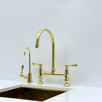 Unlacquered Brass Bridge Kitchen Faucet with Sprayer and Drinking Water Tap - UBLBF014