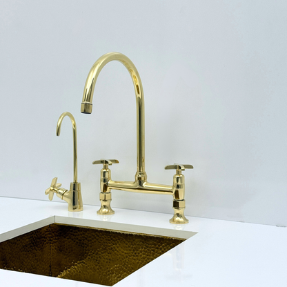 Unlacquered Brass Bridge Kitchen Faucet with Sprayer and Drinking Water Tap - UBCBF015