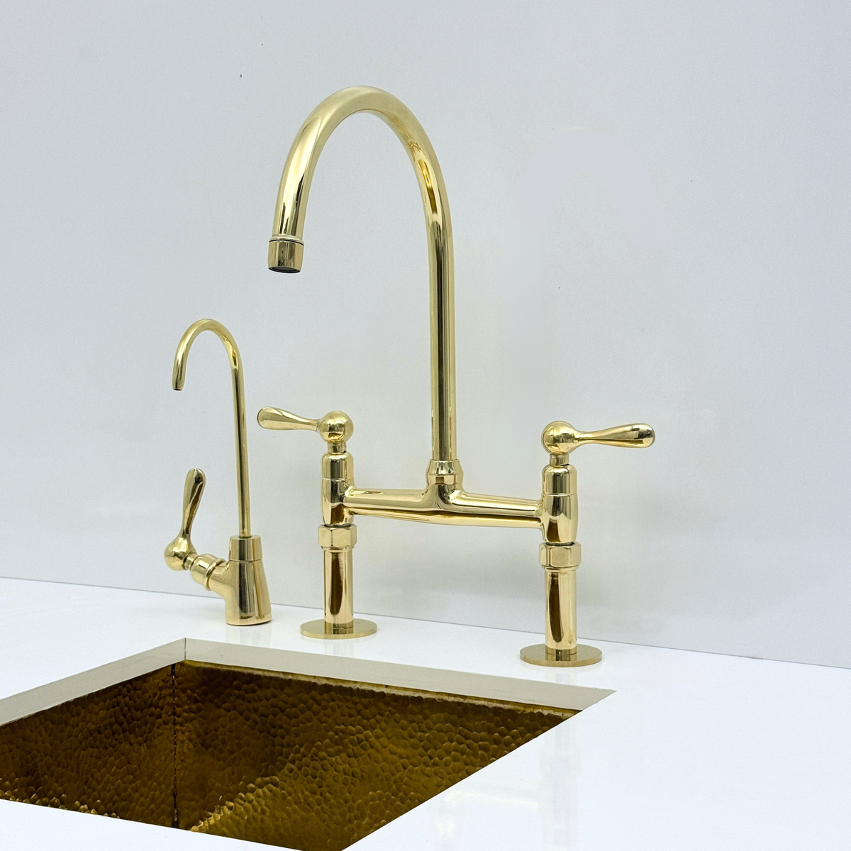Unlacquered Brass Bridge Kitchen Faucet with Sprayer and Drinking Water Faucet