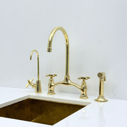 Unlacquered Brass Bridge Kitchen Faucet with Sprayer and Drinking Water Tap - UBCBF020