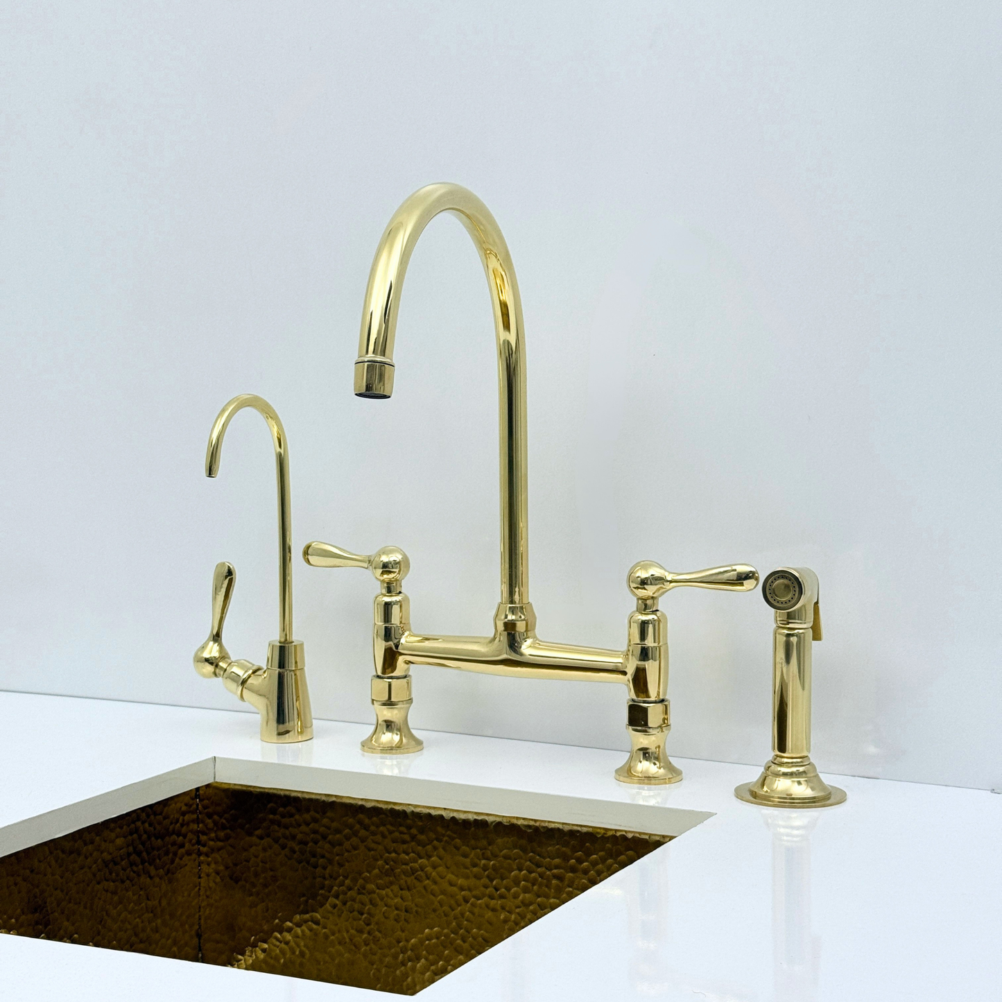 Unlacquered Brass Bridge Kitchen Faucet with Sprayer and Drinking Water Tap - UBLBF015