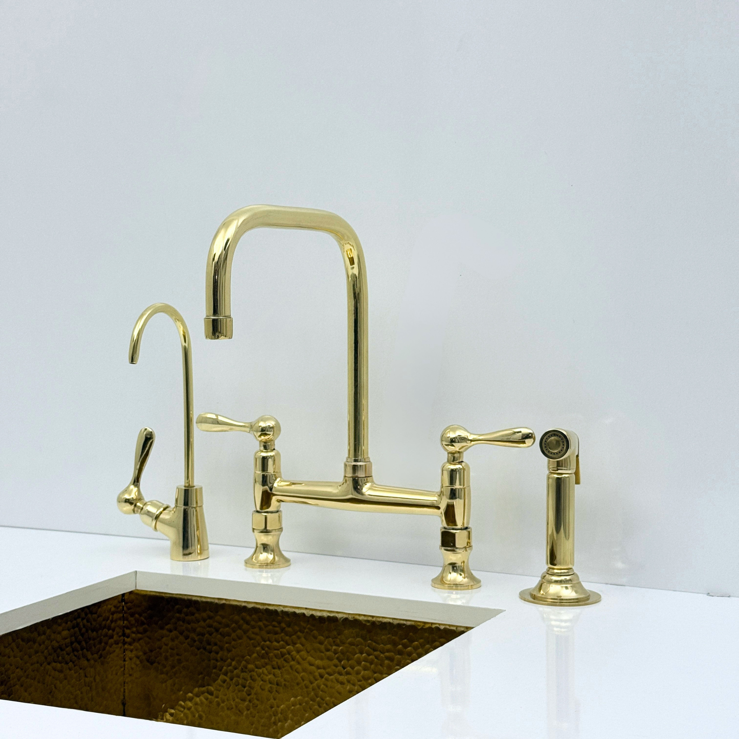 Unlacquered Brass Bridge Kitchen Faucet with Sprayer and Drinking Water Tap - UBLBF016