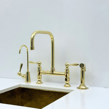 Unlacquered Brass Bridge Kitchen Faucet with Sprayer and Drinking Water Tap - UBLBF016