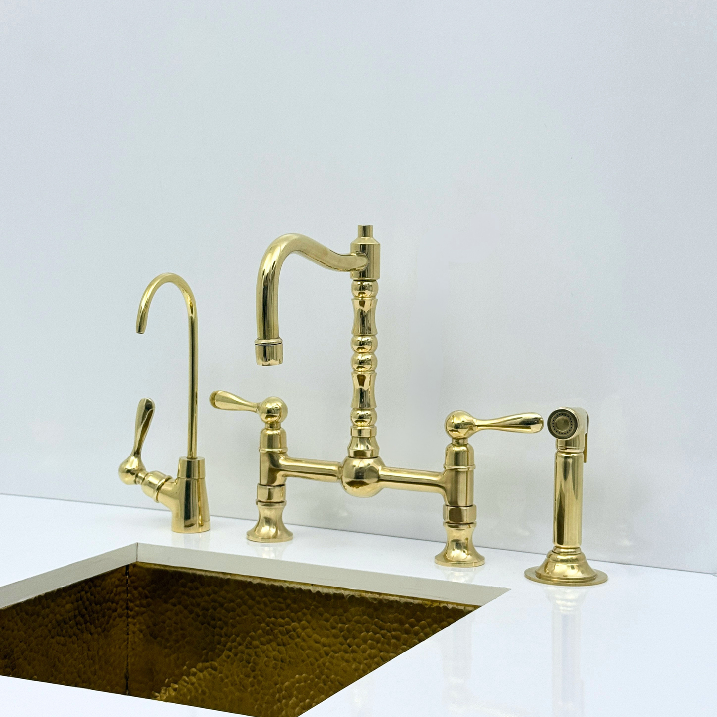 Unlacquered Brass Bridge Kitchen Faucet with Sprayer and Drinking Water Tap - UBLBF012
