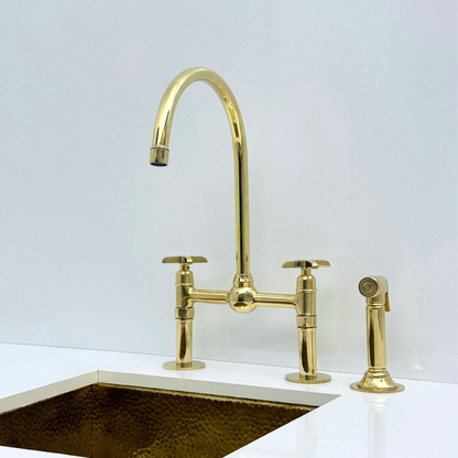 Unlacquered Brass Bridge Kitchen Faucet with Sprayer and Drinking Water Tap - UBCBF008