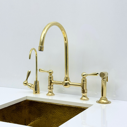 Unlacquered Brass Bridge Kitchen Faucet with Sprayer and Drinking Water Tap - UBLBF011