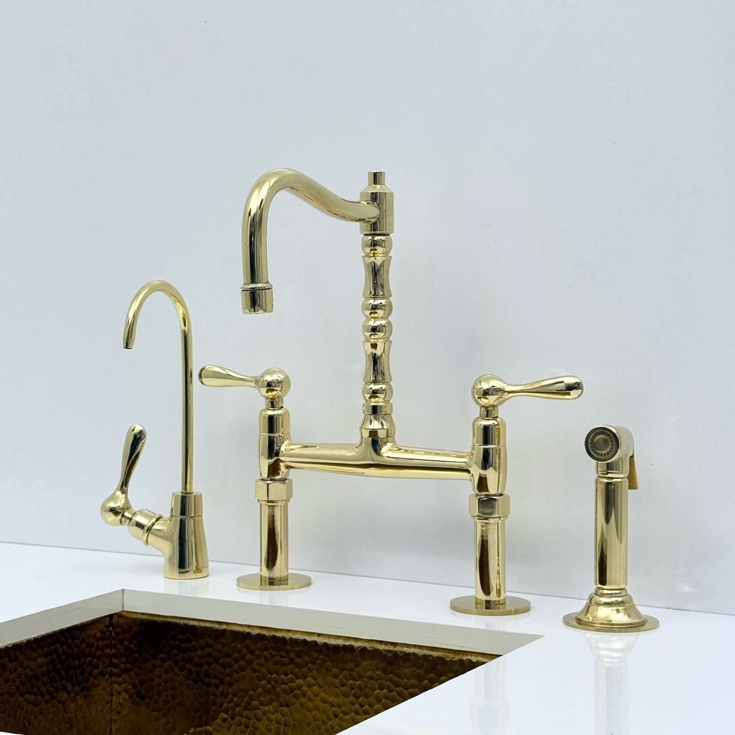 Unlacquered Brass Bridge Kitchen Faucet with Sprayer and Drinking Water Tap