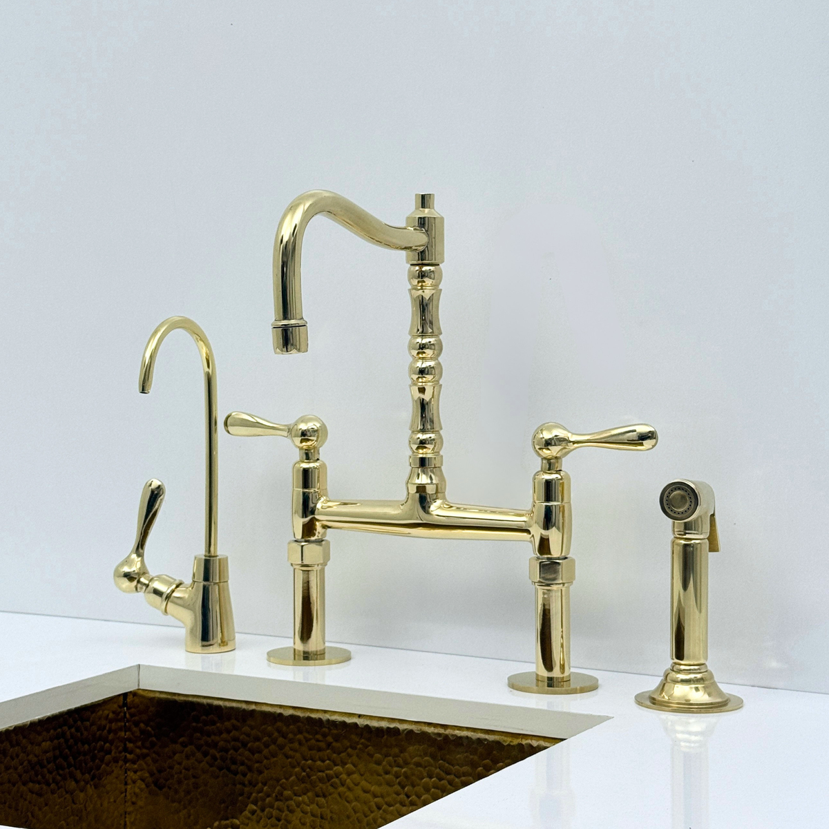 Unlacquered Brass Bridge Kitchen Faucet with Sprayer and Drinking Water Tap