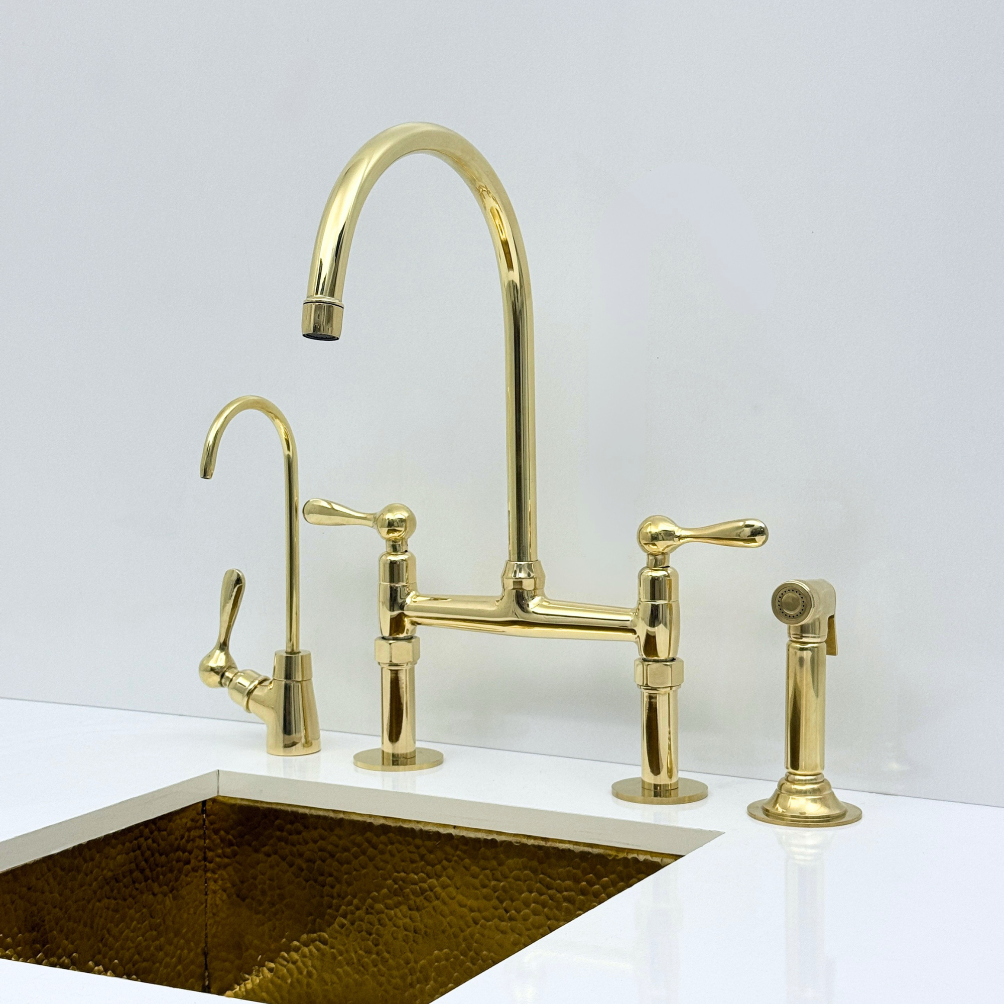 Unlacquered Brass Bridge Kitchen Faucet with Sprayer and Drinking Water Faucet