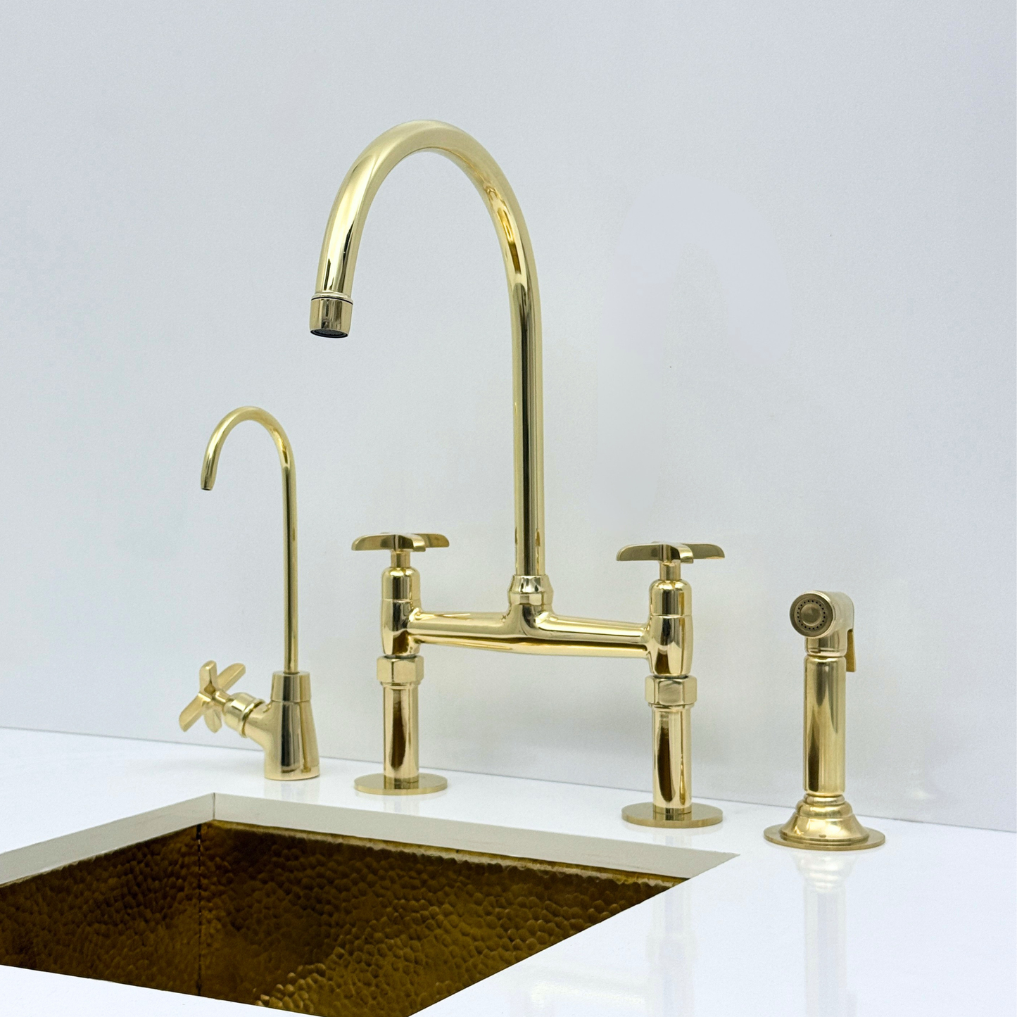Atlas - Unlacquered Brass Bridge Kitchen Faucet with Side Sprayer and Drinking Water Tap