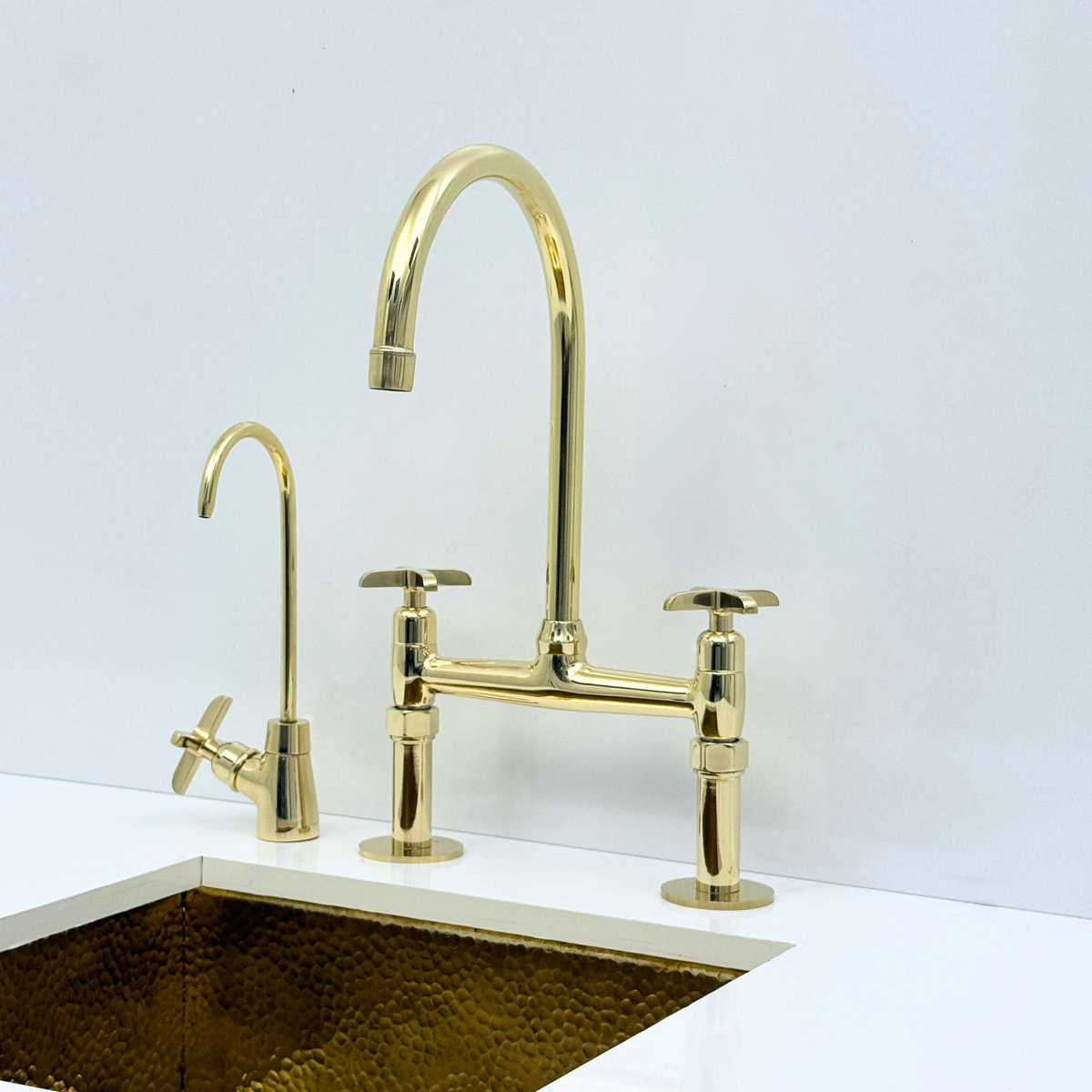 Unlacquered Brass Bridge Kitchen Faucet with Sprayer and Drinking Water Tap
