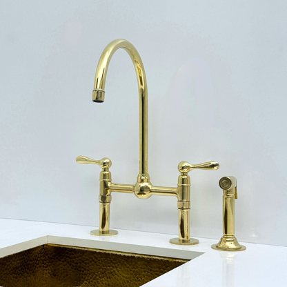 Unlacquered Brass Bridge Kitchen Faucet with Sprayer and Drinking Water Tap - UBLBF008