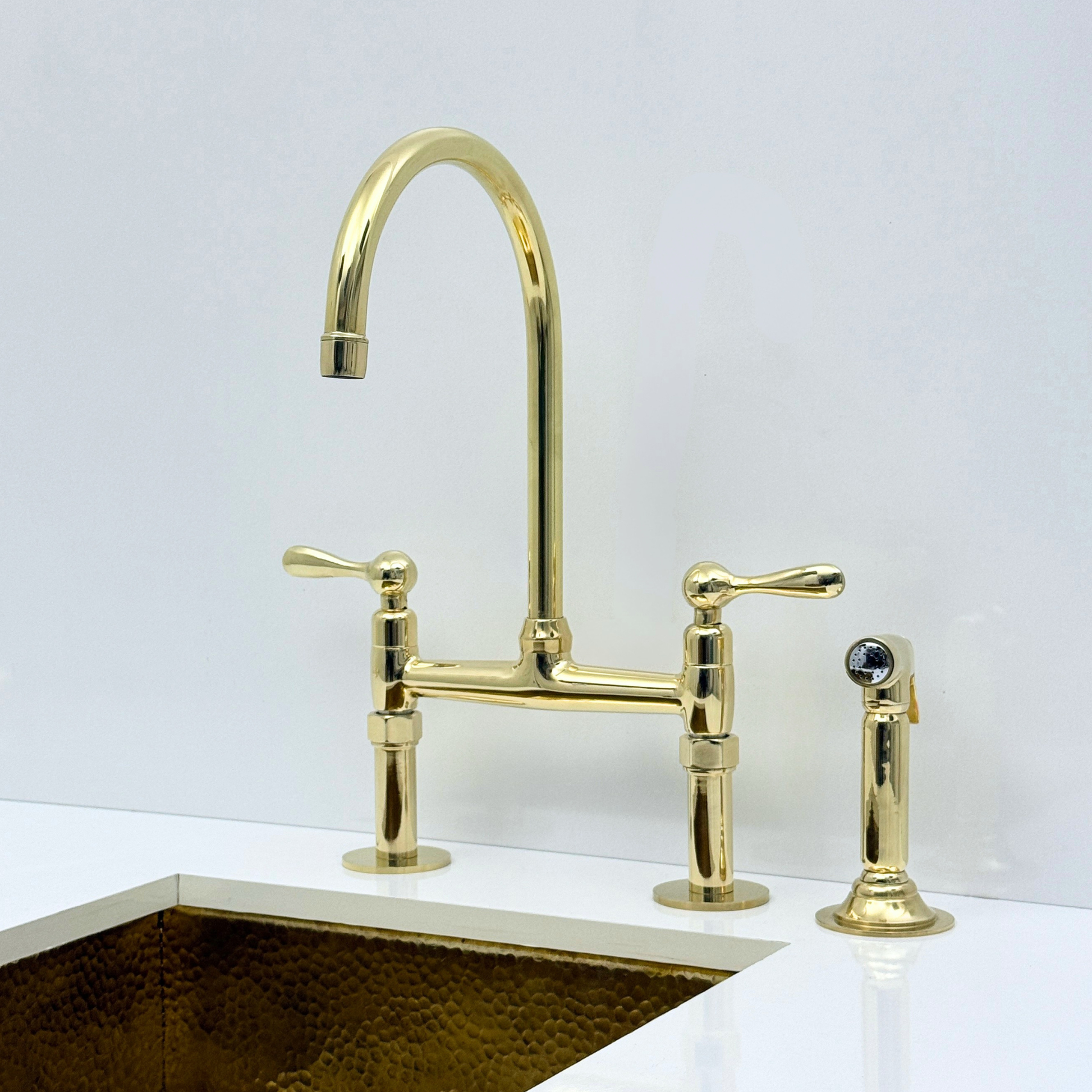 Unlacquered Brass Bridge Kitchen Faucet with Sprayer and Drinking Water Faucet