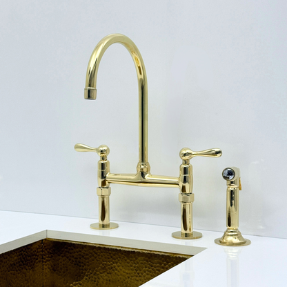 Unlacquered Brass Bridge Kitchen Faucet with Sprayer and Drinking Water Faucet