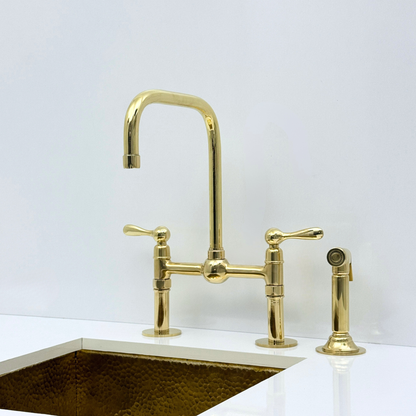 Unlacquered Brass Bridge Kitchen Faucet with Sprayer and Drinking Water Tap - UBLBF018