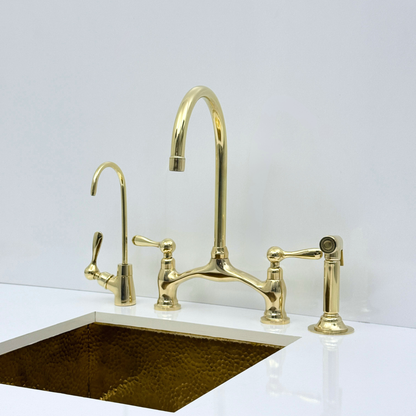 Unlacquered Brass Bridge Kitchen Faucet with Sprayer and Drinking Water Tap - UBLBF020