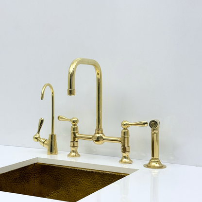 Unlacquered Brass Bridge Kitchen Faucet with Sprayer and Drinking Water Tap - UBLBF017