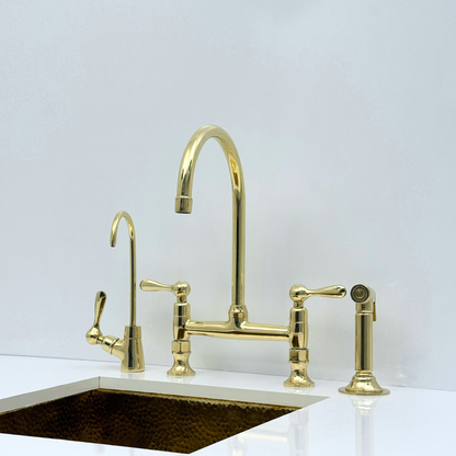 Unlacquered Brass Bridge Kitchen Faucet with Sprayer and Drinking Water Tap - UBLBF014