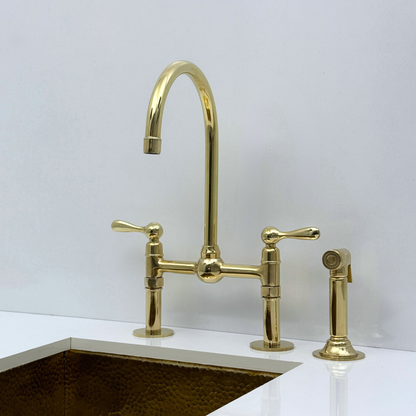 Unlacquered Brass Bridge Kitchen Faucet with Sprayer and Drinking Water Tap - UBLBF013