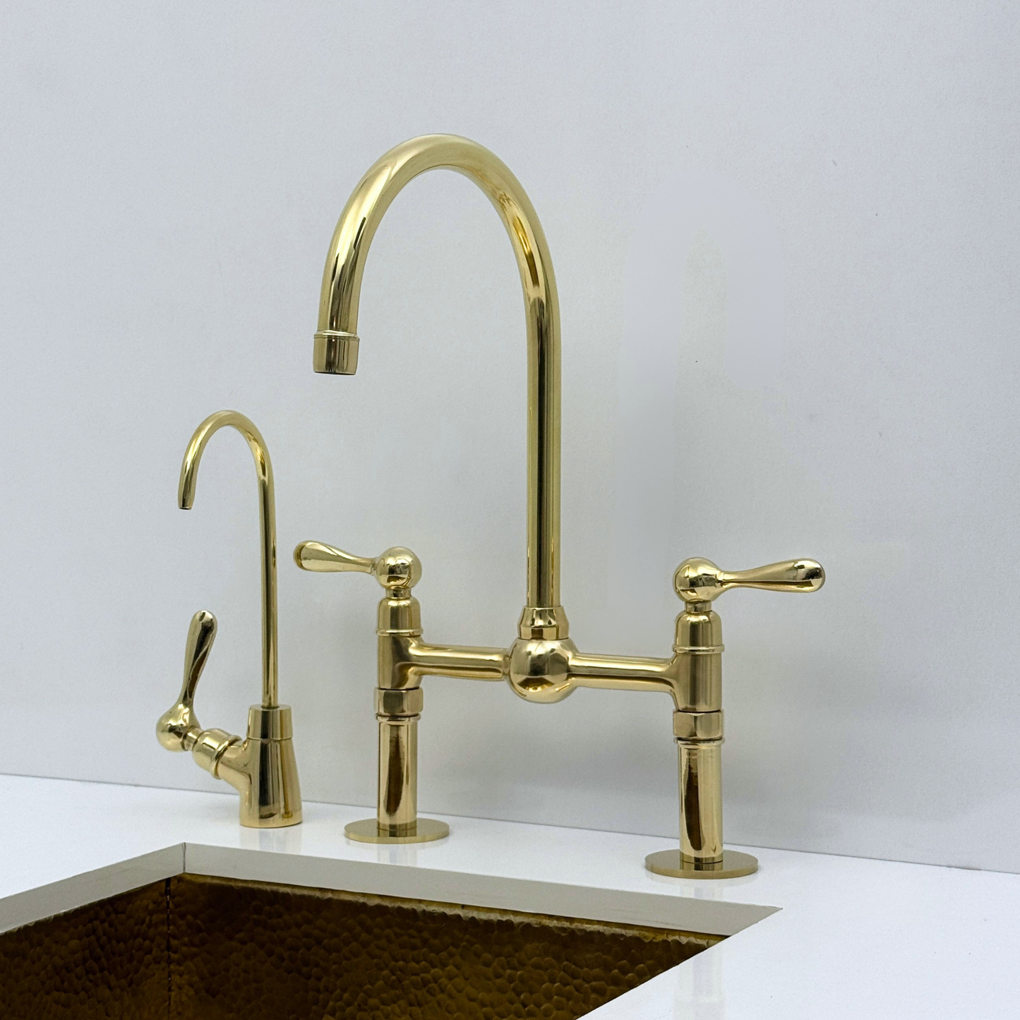 Unlacquered Brass Bridge Kitchen Faucet with Sprayer and Drinking Water Tap - UBLBF013