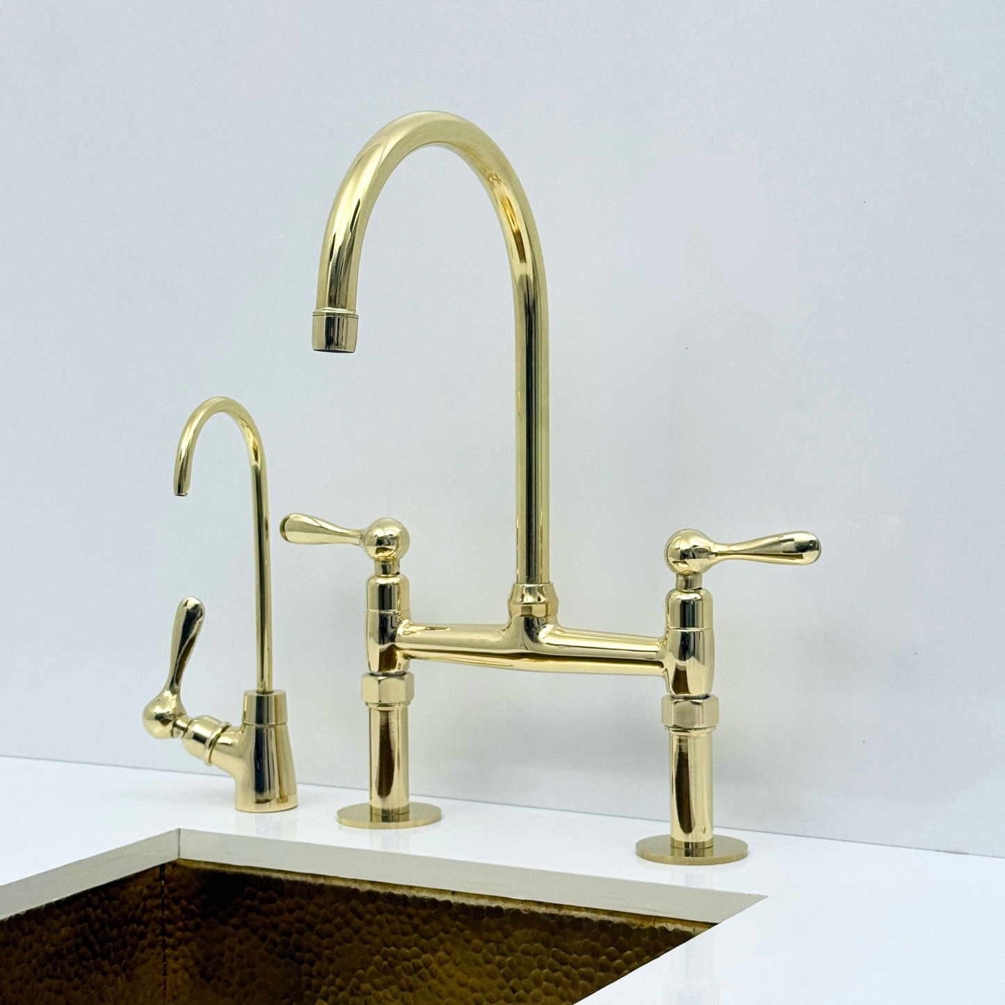 Unlacquered Brass Bridge Kitchen Faucet with Sprayer and Drinking Water Faucet