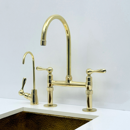 Unlacquered Brass Bridge Kitchen Faucet with Sprayer and Drinking Water Faucet