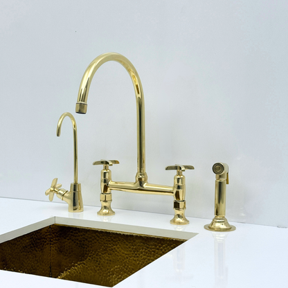 Unlacquered Brass Bridge Kitchen Faucet with Sprayer and Drinking Water Tap - UBCBF015