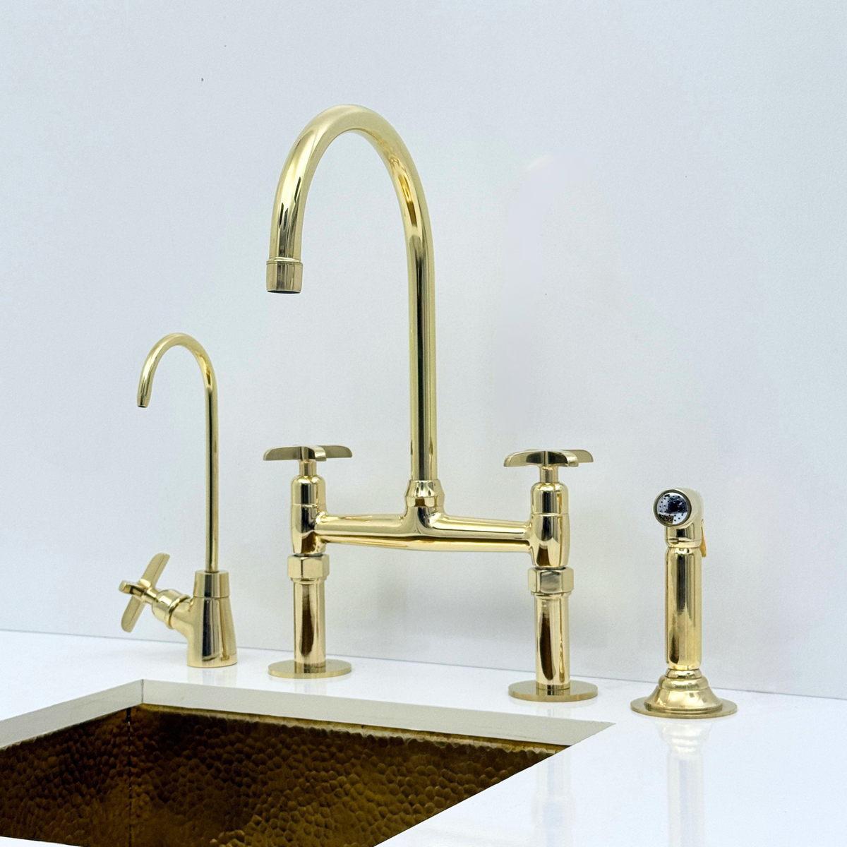 Unlacquered Brass Bridge Kitchen Faucet with Sprayer and Drinking Water Tap