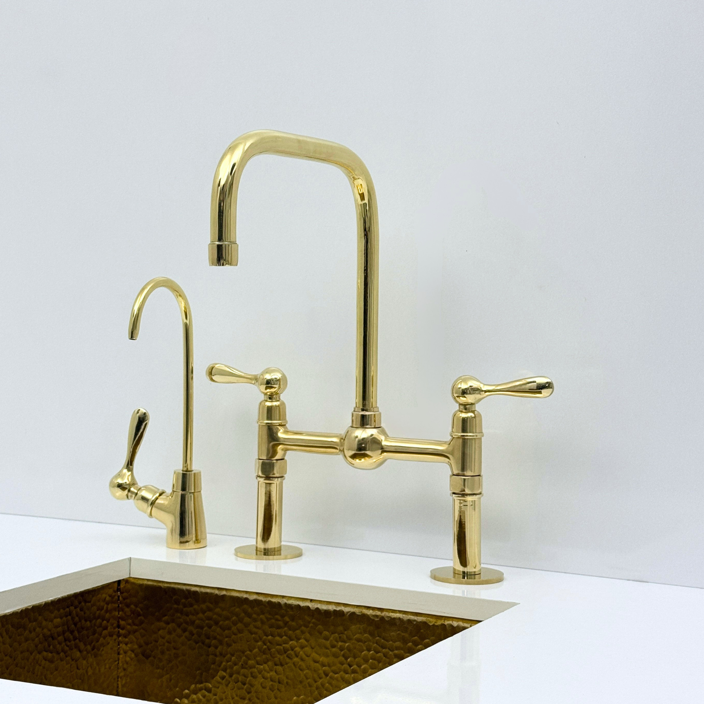 Unlacquered Brass Bridge Kitchen Faucet with Sprayer and Drinking Water Tap - UBLBF018