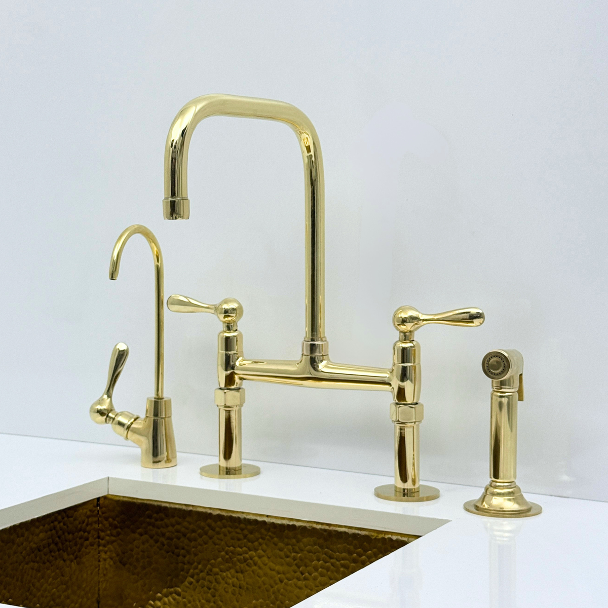 Unlacquered Brass Bridge Kitchen Faucet with Sprayer, Drinking Water Faucet