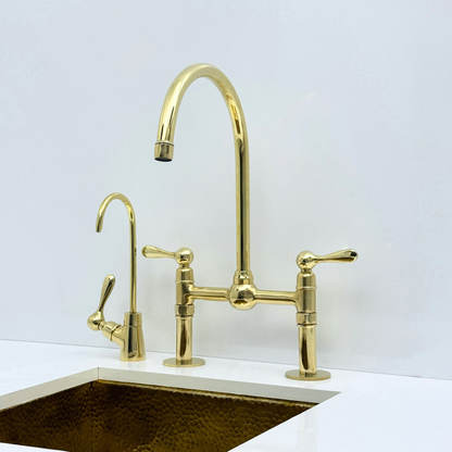 Unlacquered Brass Bridge Kitchen Faucet with Sprayer and Drinking Water Tap - UBLBF008