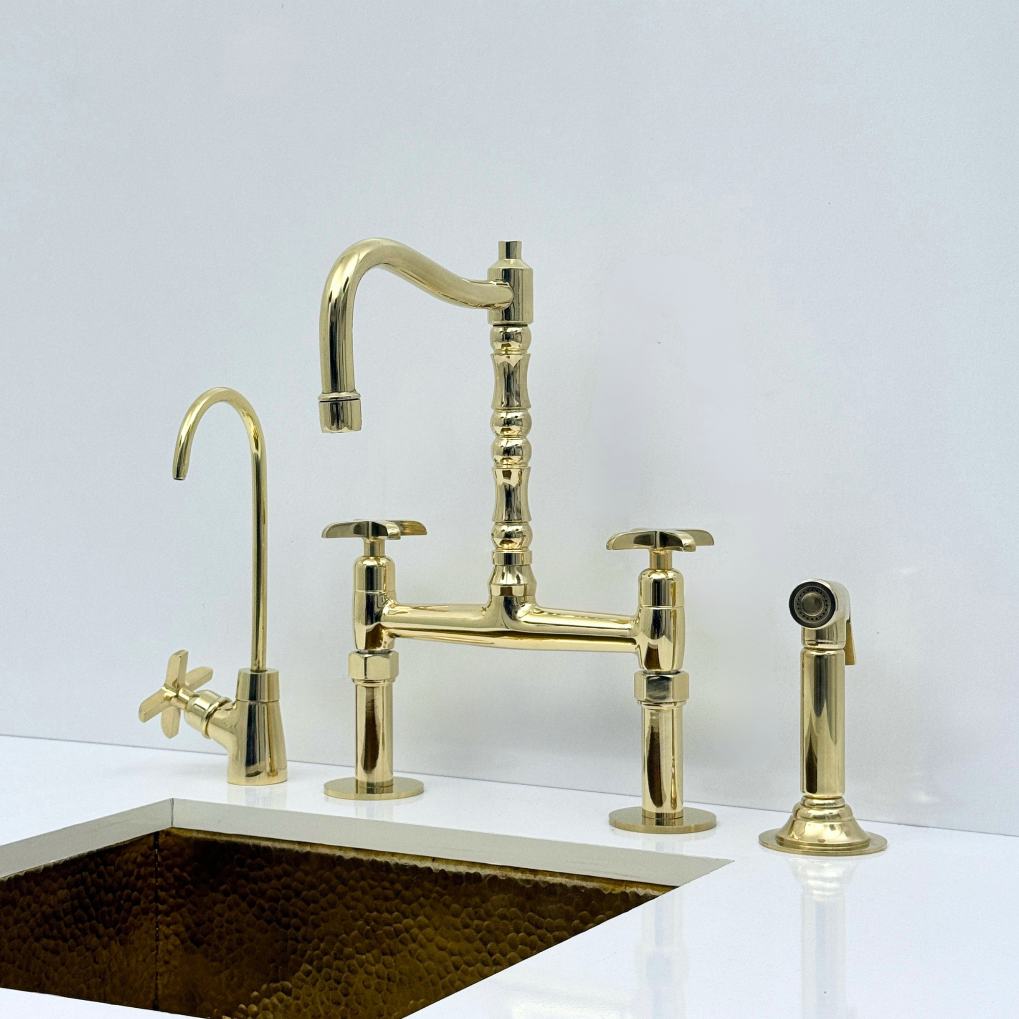 Unlacquered Brass Bridge Kitchen Faucet with Sprayer and Drinking Water Tap