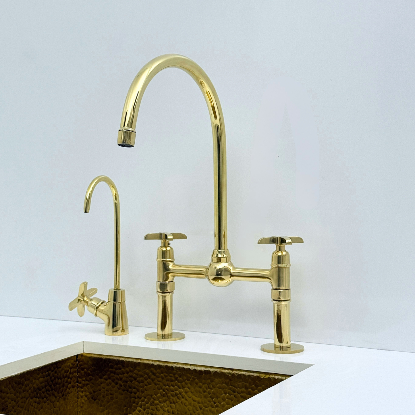 Unlacquered Brass Bridge Kitchen Faucet with Sprayer and Drinking Water Tap - UBCBF008