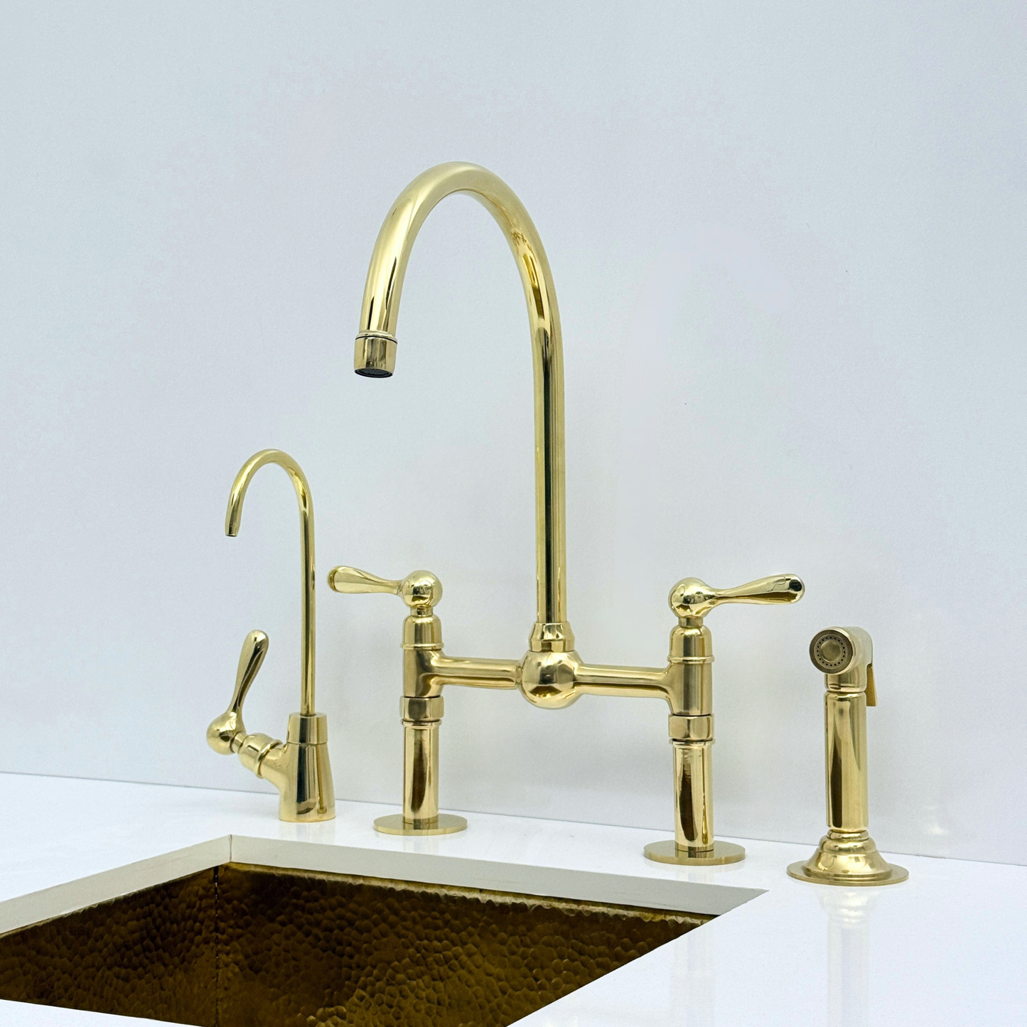 Unlacquered Brass Bridge Kitchen Faucet with Sprayer and Drinking Water Tap - UBLBF008