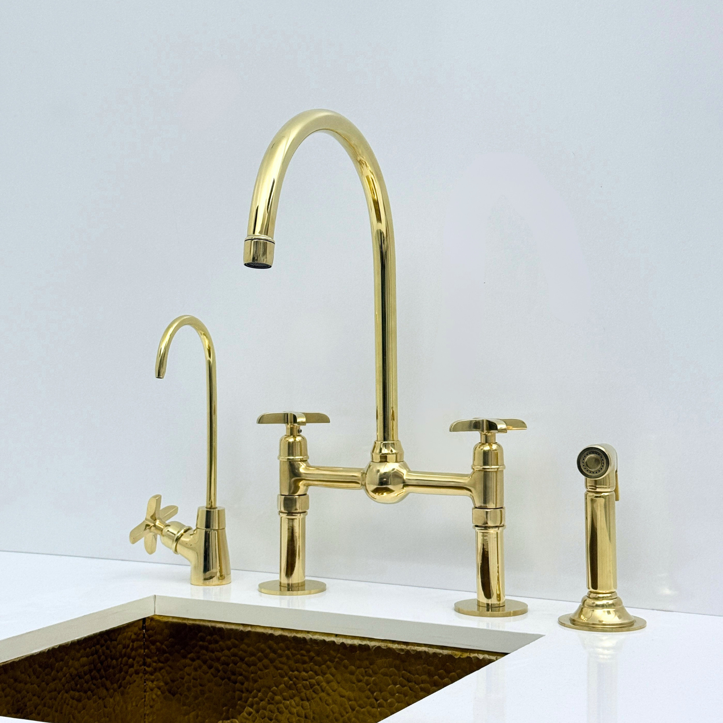 Unlacquered Brass Bridge Kitchen Faucet with Sprayer and Drinking Water Tap - UBCBF008