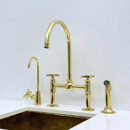 Unlacquered Brass Bridge Kitchen Faucet with Sprayer and Drinking Water Tap - UBCBF008